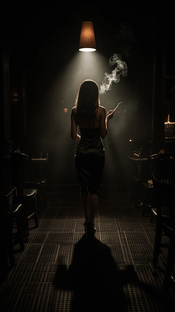 Film noir femme fatale in black silk slip dress, shot from behind in a speakeasy, silhouette backlit by a single amber floor lamp. Hard shadows stretc