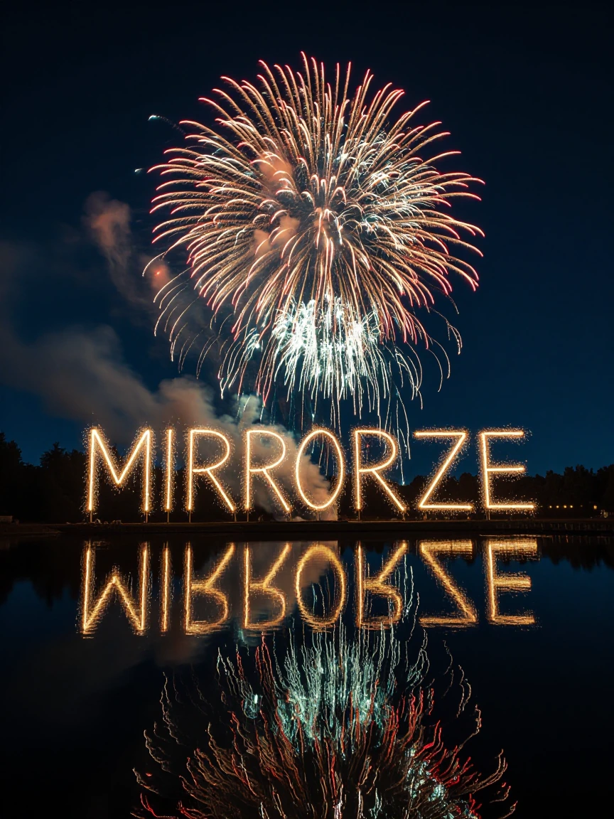 Fireworks exploding above a glassy lake at night, the burst centered and mirrored perfectly in the still water below—the reflection deliberately composed so the word "MIRRORIZE" emerges from the symmetry of light trails and colored sparks between sky