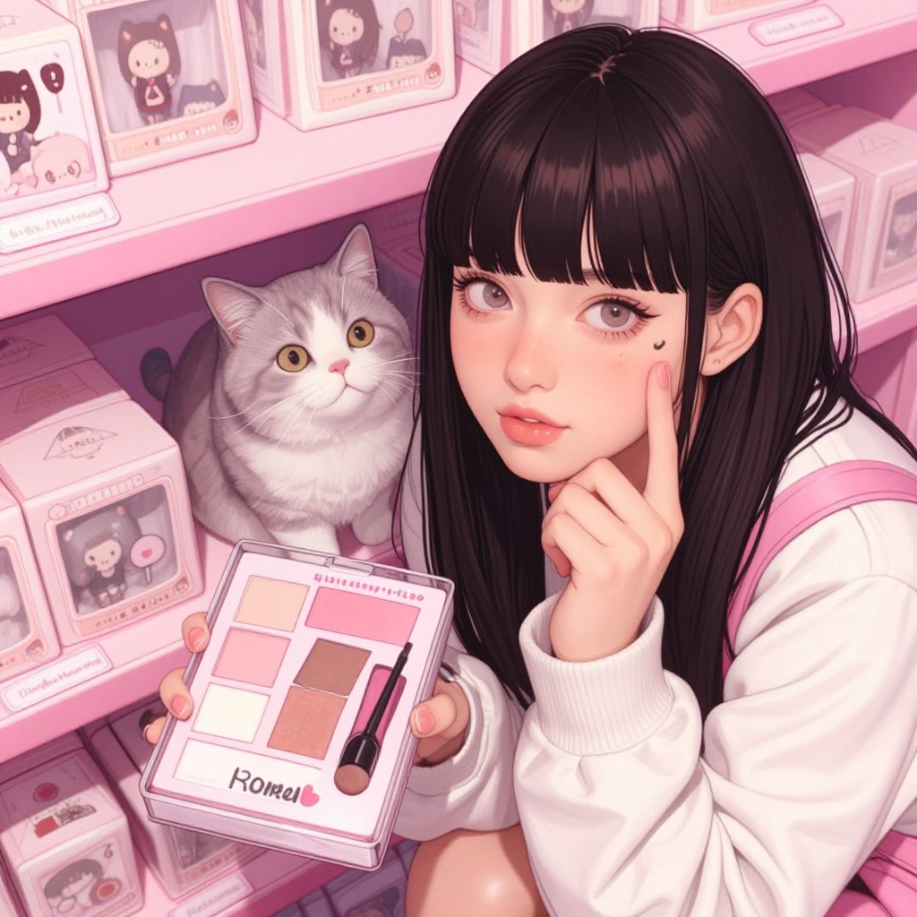 kawaii palette woman and her cat in a kawaii squishie store
