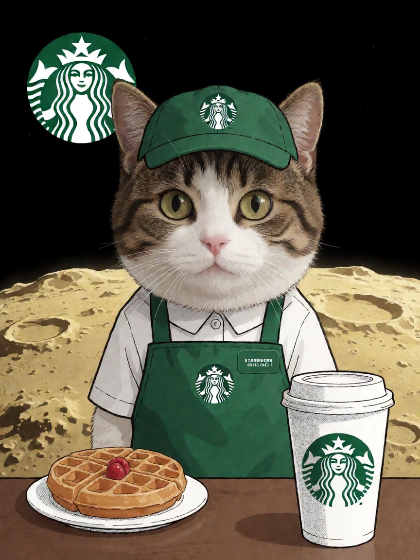 Create an image of [A CAT] behaving as [a Starbucks worker] inside [Starbucks on the moon]. photo manga mix, daz3d