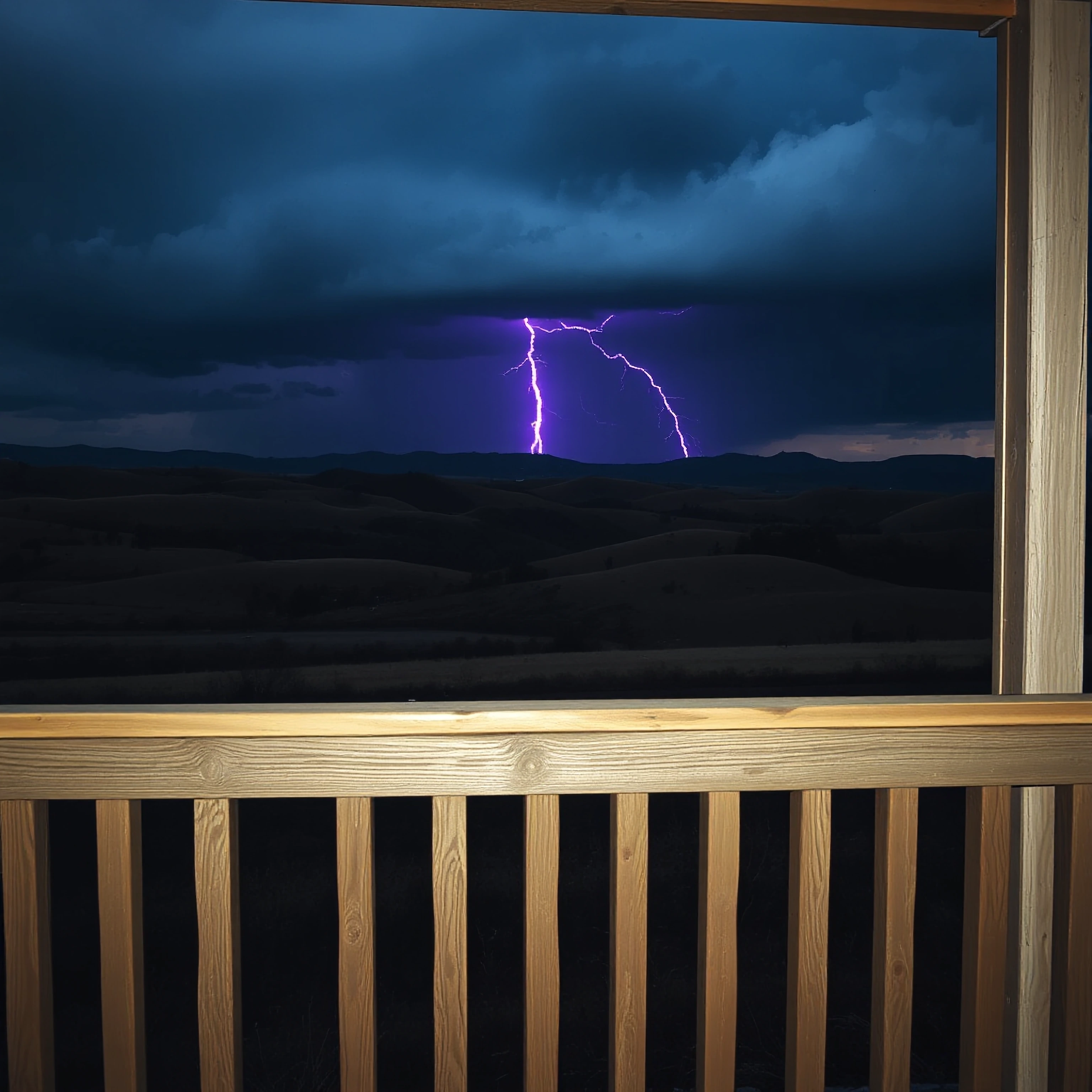 A serene porch view at dusk, weathered wooden railings in foreground, distant rolling hills silhouetted against a darkening sky, vivid purple lightning bolt fracturing across the horizon splitting the far hills in two, atmospheric tension in the heav