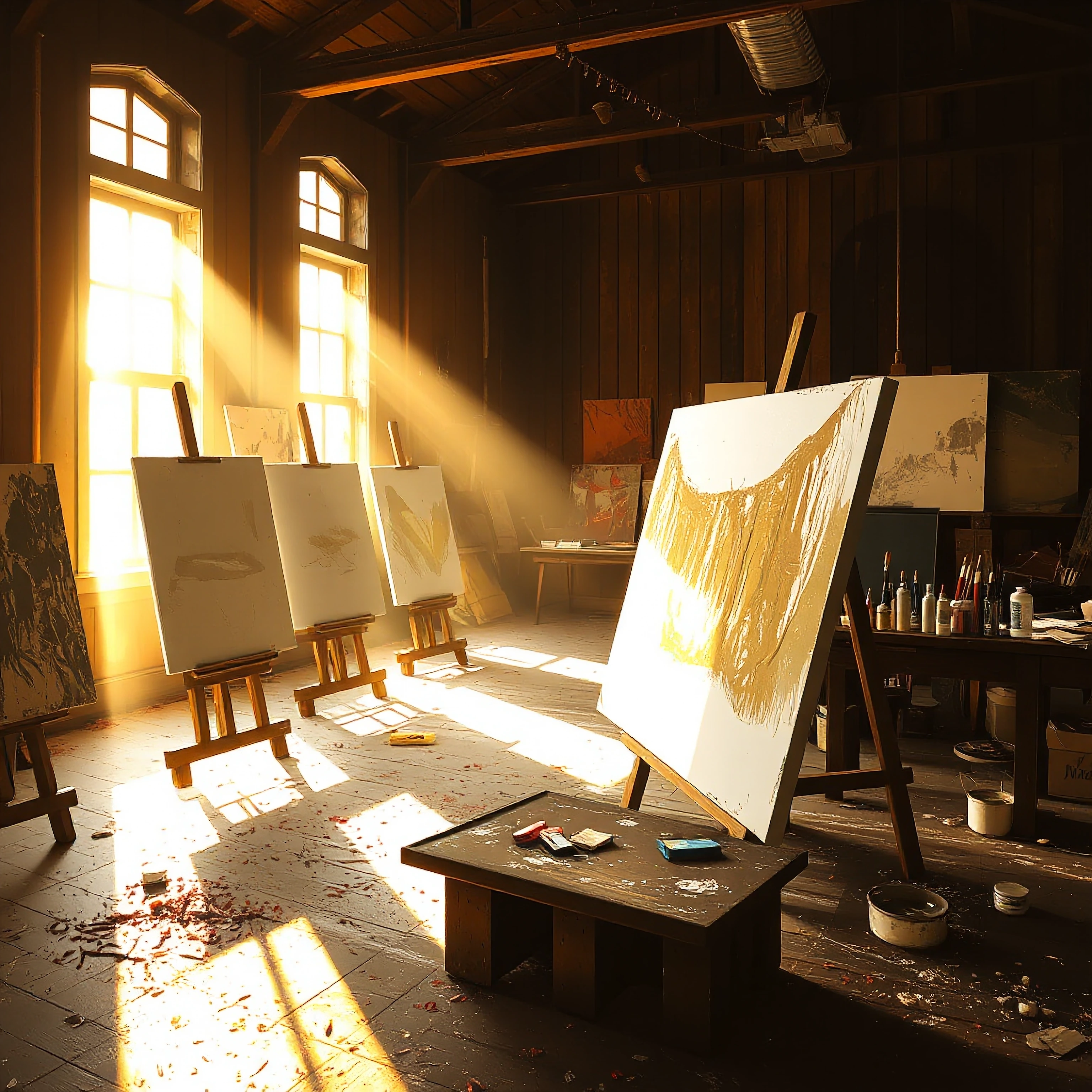 A weathered painter's studio bathed in soft dawn light streaming through tall windows, aged wooden floors scattered with paint splatters and dried pigment, easels holding half-finished canvases that seem to shimmer and dematerialize at their edges, b