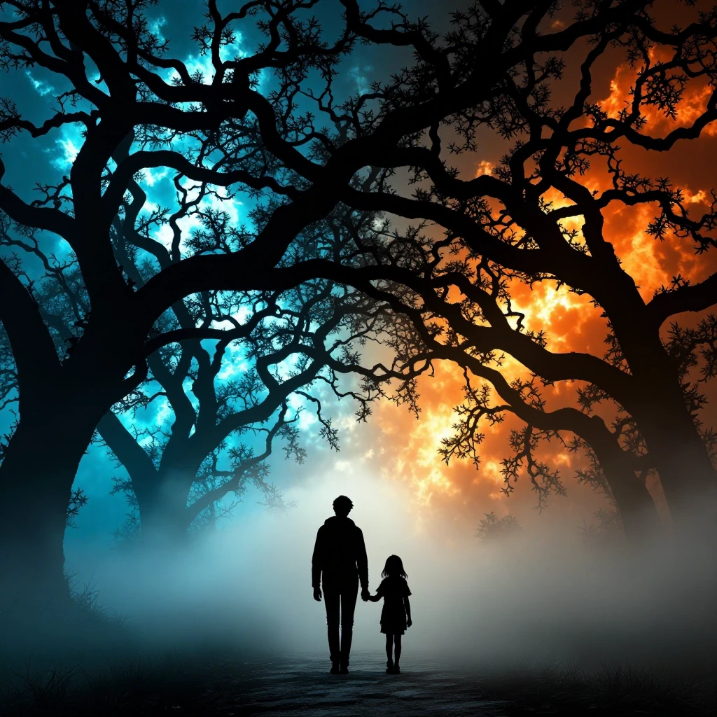 Cinematic masterpiece, vertical photograph, two sharp, black silhouettes of an adult man and small child, back-view, walking together hand-in-hand. Ground level perspective on a foggy, textured path. Above, a massive, chaotic, dark silhouette of an i