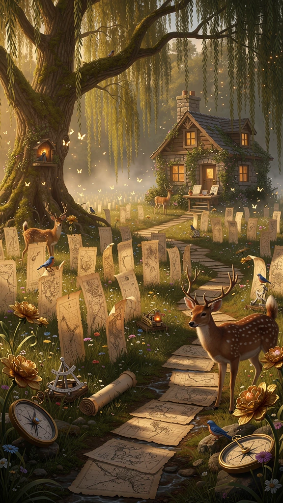 Hidden beyond the edge of the known world lies an enchanted meadow where old maps are lovingly put out to pasture. Thousands of ancient parchment maps gently sway like tall grass beneath a warm golden sunset, their faded ink slowly transforming into 