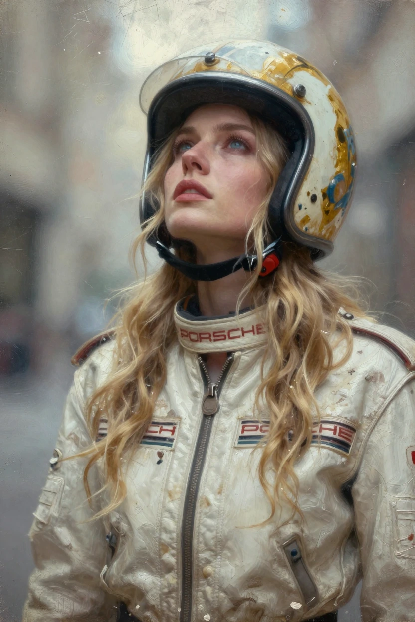 A close-up photograph of a woman with long wavy blonde hair looking upwards, wearing a distressed and weathered white leather vintage Porsche racing j