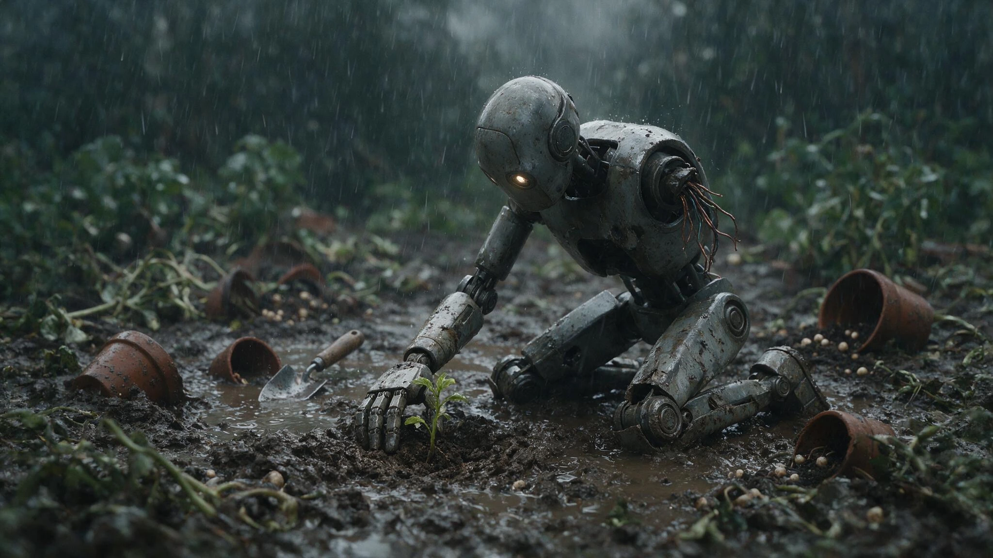 A battered robot with one arm kneeling in a rain-soaked vegetable garden, pressing a seedling into mud with its remaining hand, exposed wiring hanging from the empty socket of its missing arm. Heavy rain falls in silver sheets; the chassis is dented