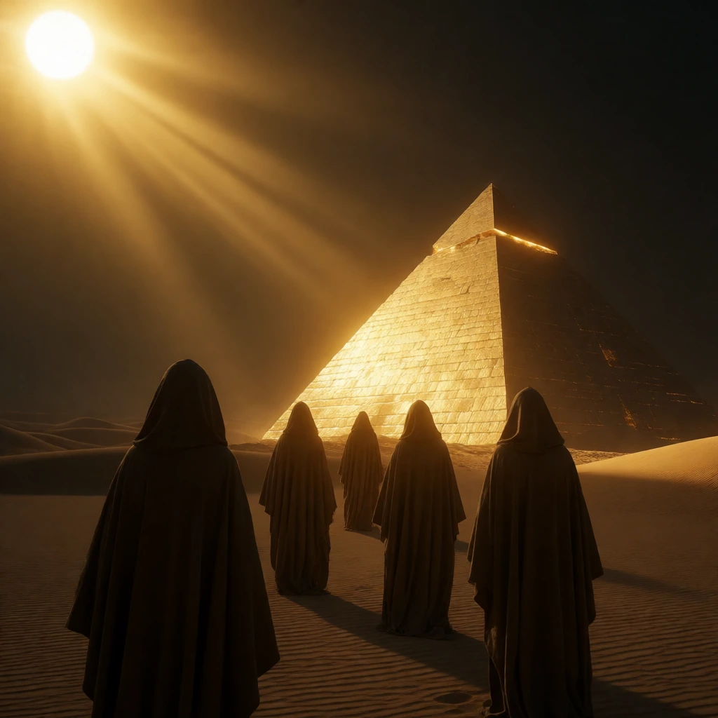 aincent hooded walkers in the desert walking toward a glowing gold pyramid, the entire top left of the image is the sun burning