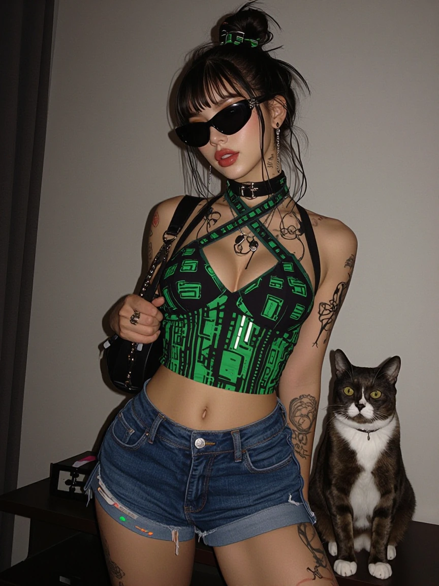 Algorithm girl, with an algorithm cat, sunglasses, jean shorts, matrix, halter, top, messy space bun hair laced with matrix