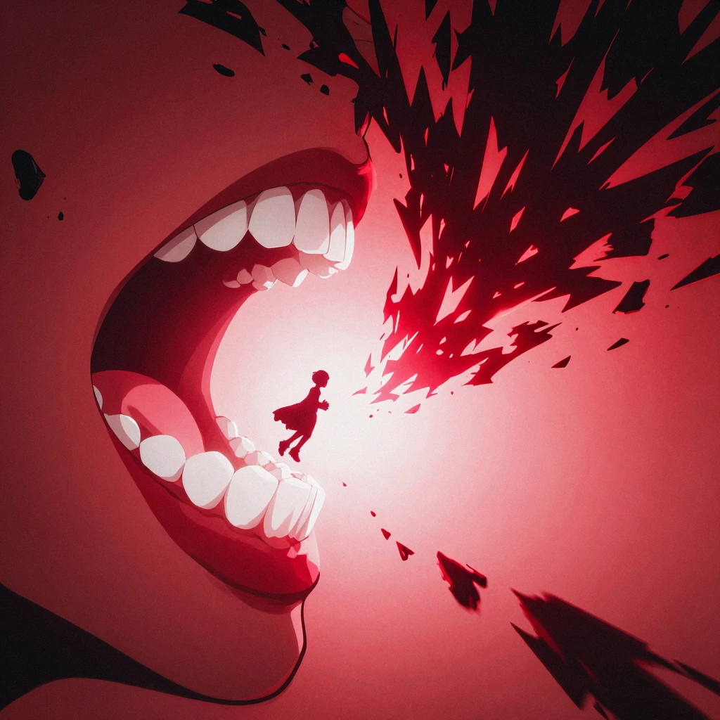 Tiny human silhouette floating inside a huge mouth with large white teeth seen from side, hovering as dark energy erupts upward, silhouette is folding hands , a minimalist yet aggressive graphic anime style, voidlike destruction environment with jagg