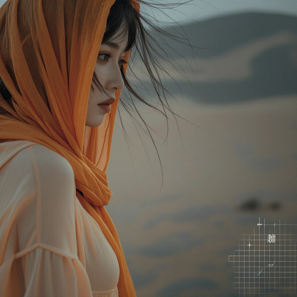 Desolate desert one girl close up shot in orange draped fabric, bottom right corner grid