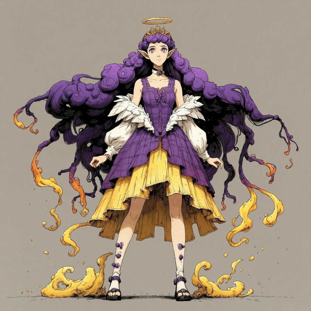 A young woman has long purple hair falling below her knees, she has purple flaps on top of her head, her side locks are similar to tentacles, are squi