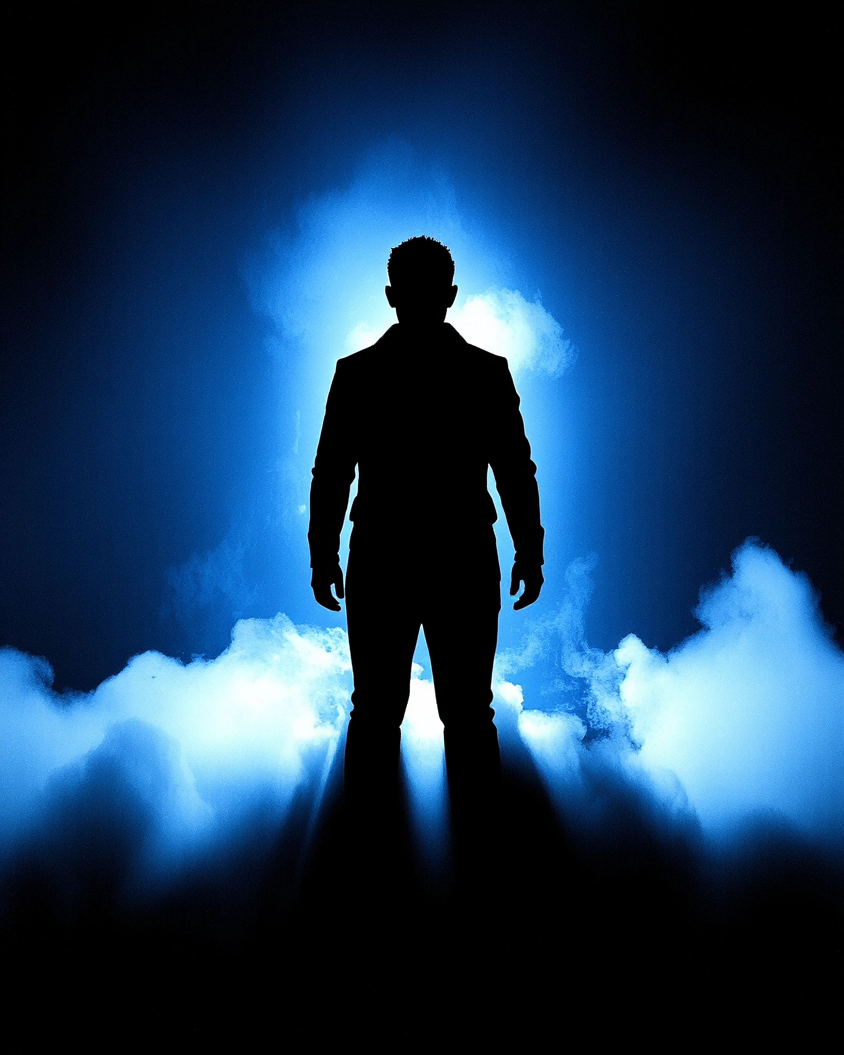 A silhouetted figure standing at the threshold between two worlds: one side bathed in cold blue moonlight, the other consumed by deep shadow and smoke. Their face half-lit, half-obscured, caught in the moment of crossing over. Film noir lighting with