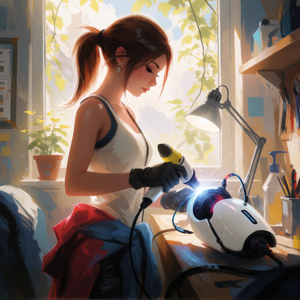 <lora:portal_chell:0.8> chell, ponytail, tank top, clothes around waist, cleaning a portal gun at a workbench, bright morning sunlight shining through window (zrpgstyle) (masterpiece:1.2) (illustration:1.2) (best quality:1.2) (detailed) (intricate) (