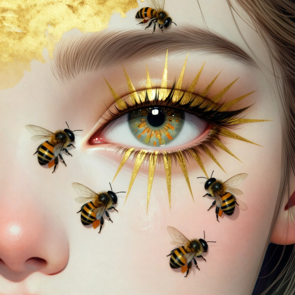 This is a highly detailed, digital artwork depicting a close-up of a human face with a realistic style. The subject's eye is prominently featured, ado
