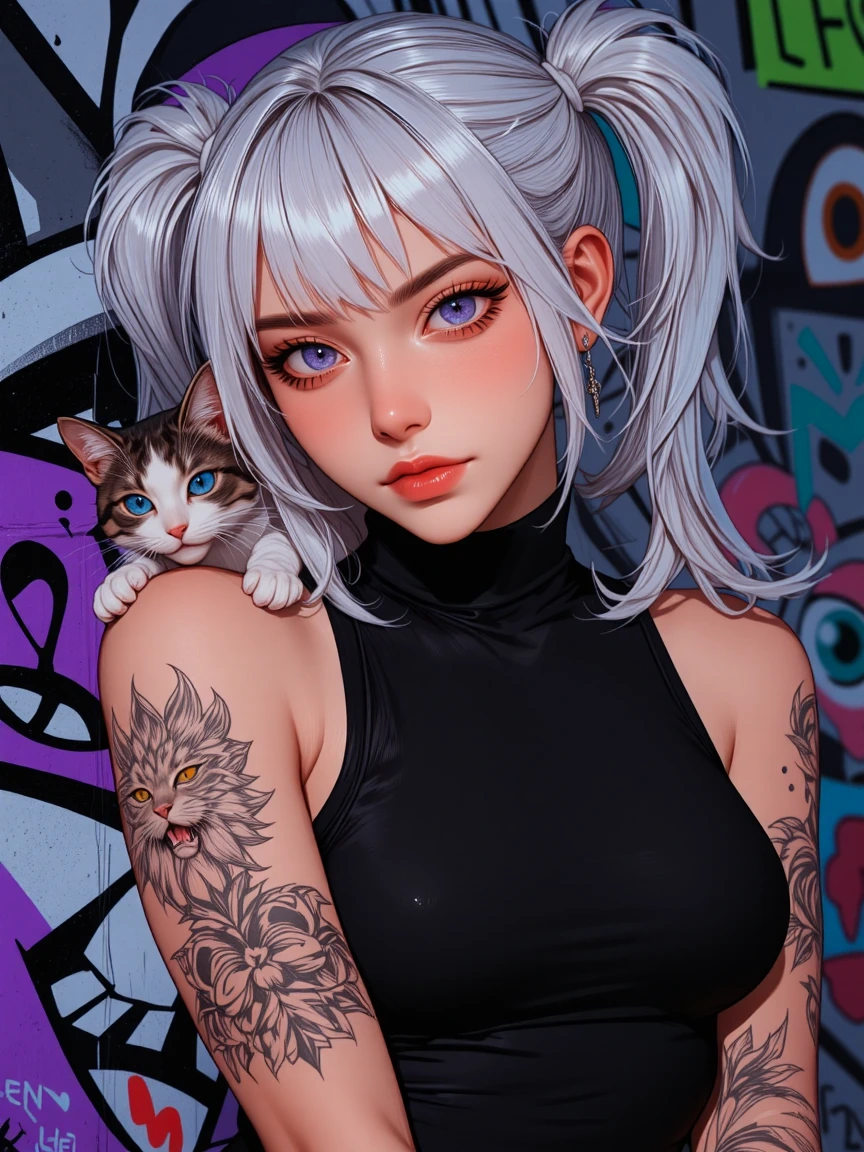 Baddie with lavender eyes and graffiti tattoos, silver hair, graffiti wall, black mini dress, cat on shoulder