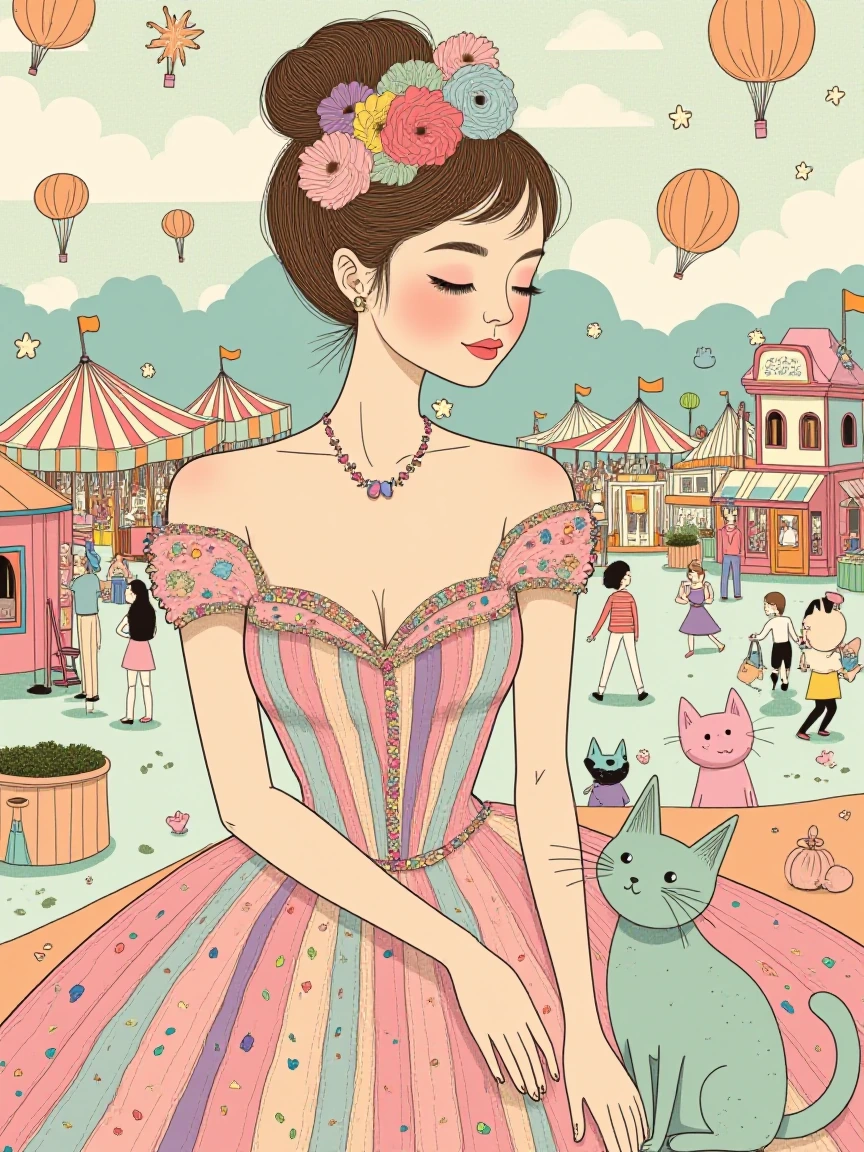 A carnival woman in elegant, colorful attire with soft pastel tones and intricate artistic styling. She wears a richly patterned dress in gentle pastels—soft pinks, lavenders, mint greens, and peachy hues—tastefully composed without being overly reve