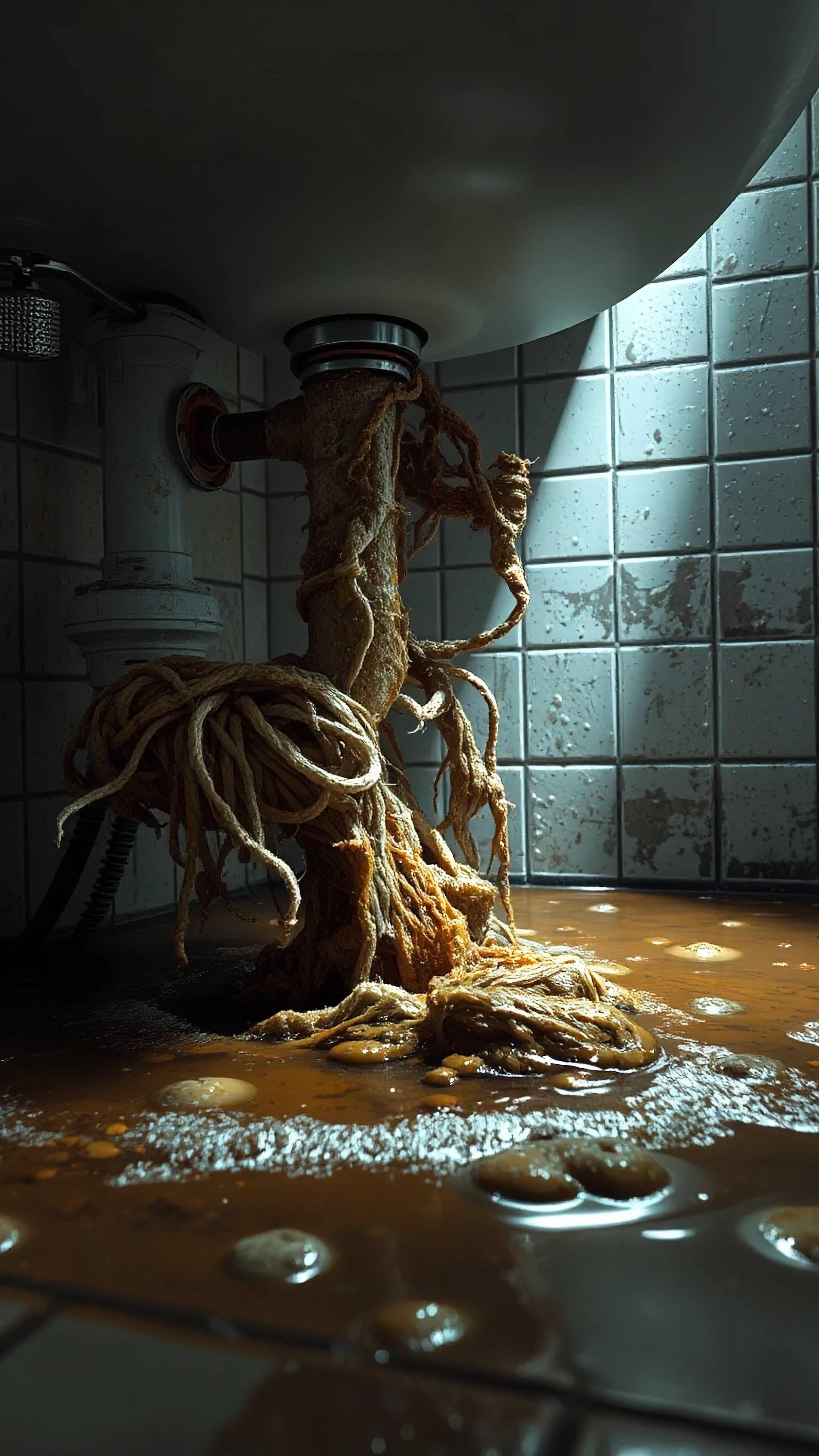Overflowing bathroom sink with murky water, grimy pipes bursting with sediment, tangled hair and debris clogging drainage system, rusty metal pipes wi