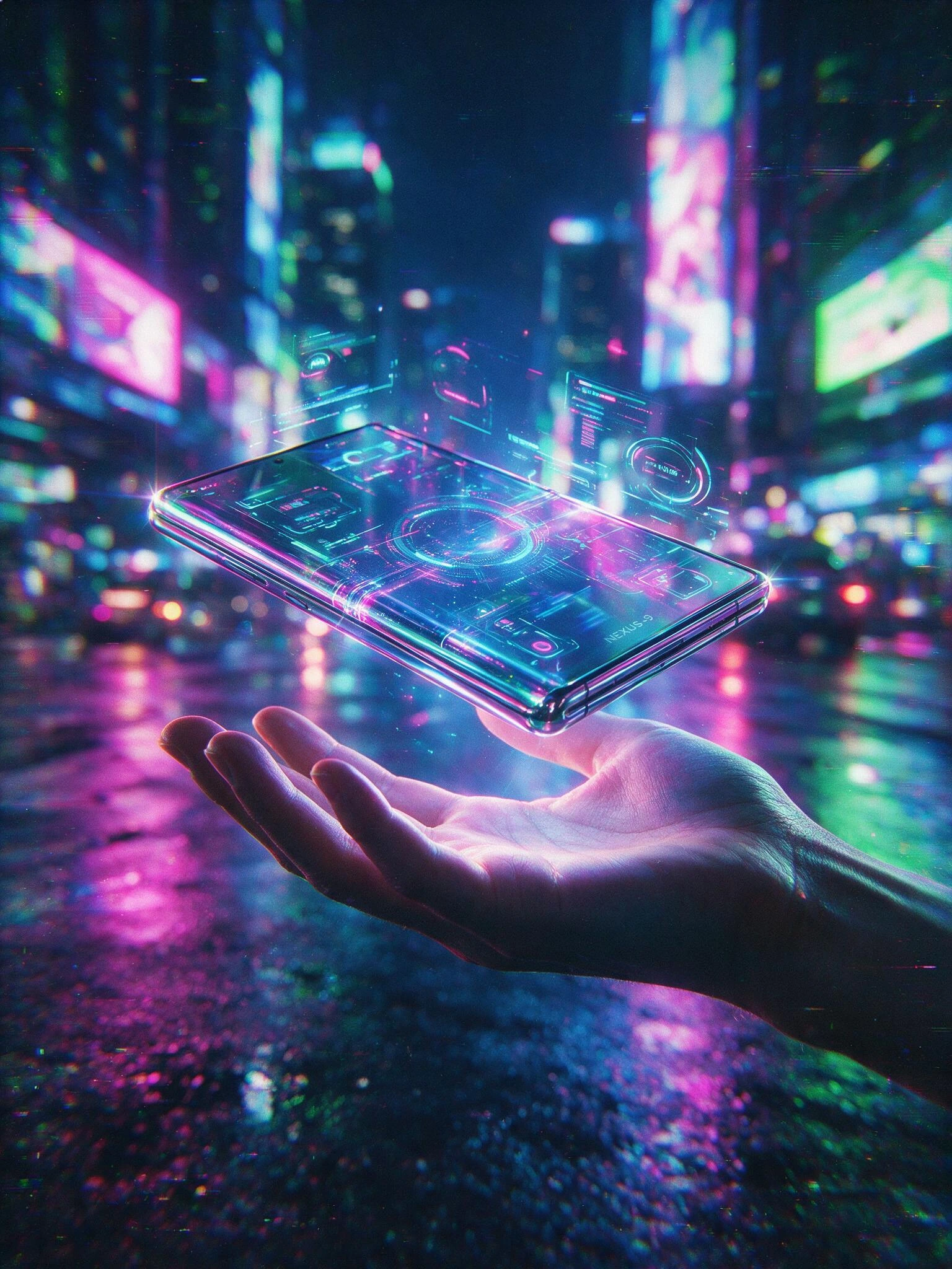 Capture a futuristic smartphone floating above an open palm, its body forged from liquid chrome and translucent graphene that pulses with inner circuitry like veins of light. Render the device as a foldable, borderless slab of smart-glass, edges curv