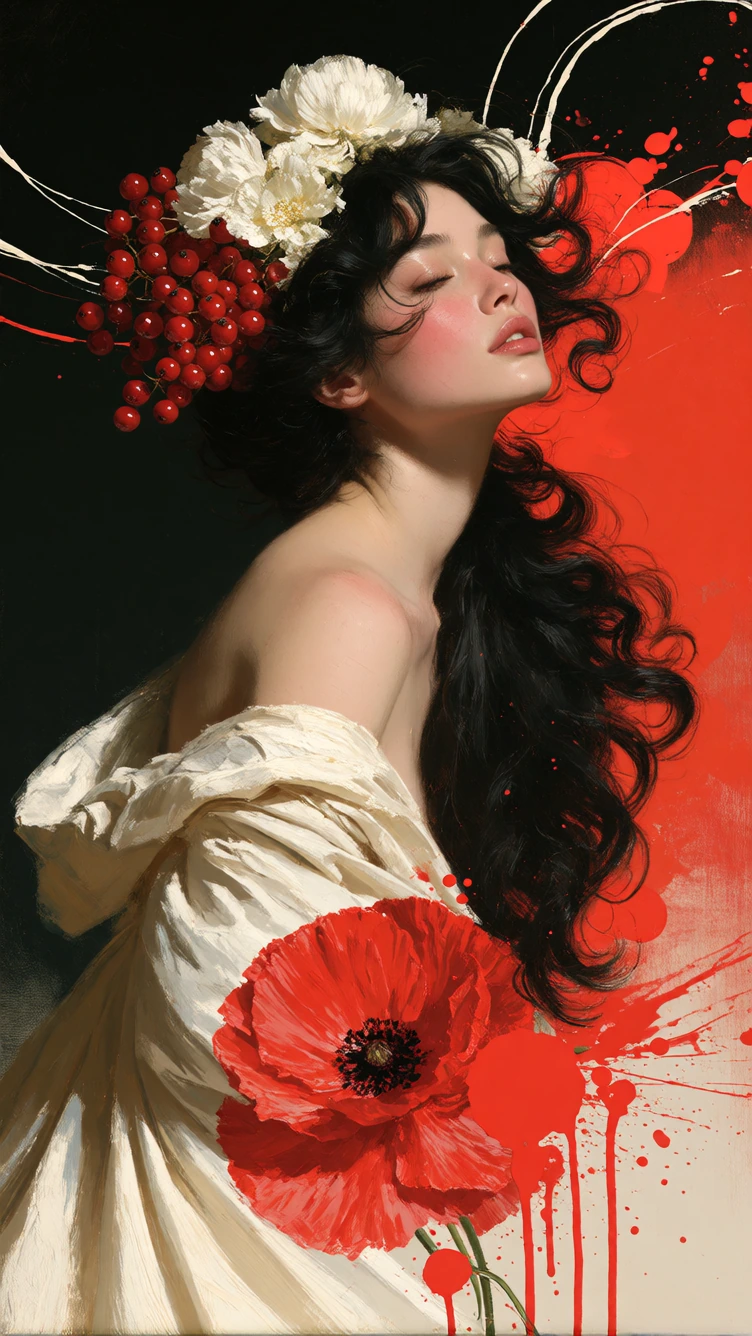 Stunning digital painting of a beautiful woman with pale porcelain skin and subtle rosy blush, eyes gently closed, head tilted back in a serene pose. 