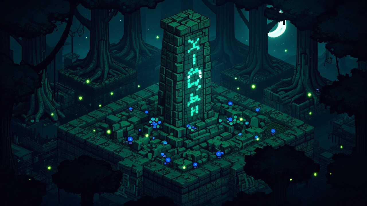 ​A detailed, highresolution 16bit pixel art isometric landscape, capturing an ancient, weathered stone monolith standing within a dense, dark forest at night. The central monolith is constructed from roughhewn, mosscovered stone bricks, featuring glo