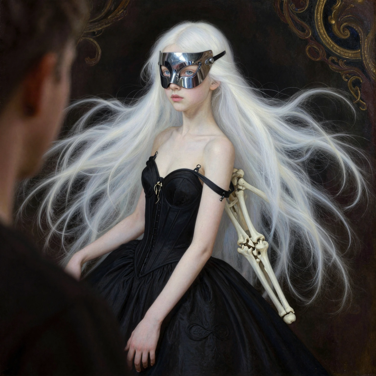 Minimalist painting of a young teen girl wearing a futuristic black tightly corseted dress with exposed shoulders made from black bones and metal, in the style of Giger and Ernst Haeckel, and a futuristic mask. Innocent, translucent white skin, pale