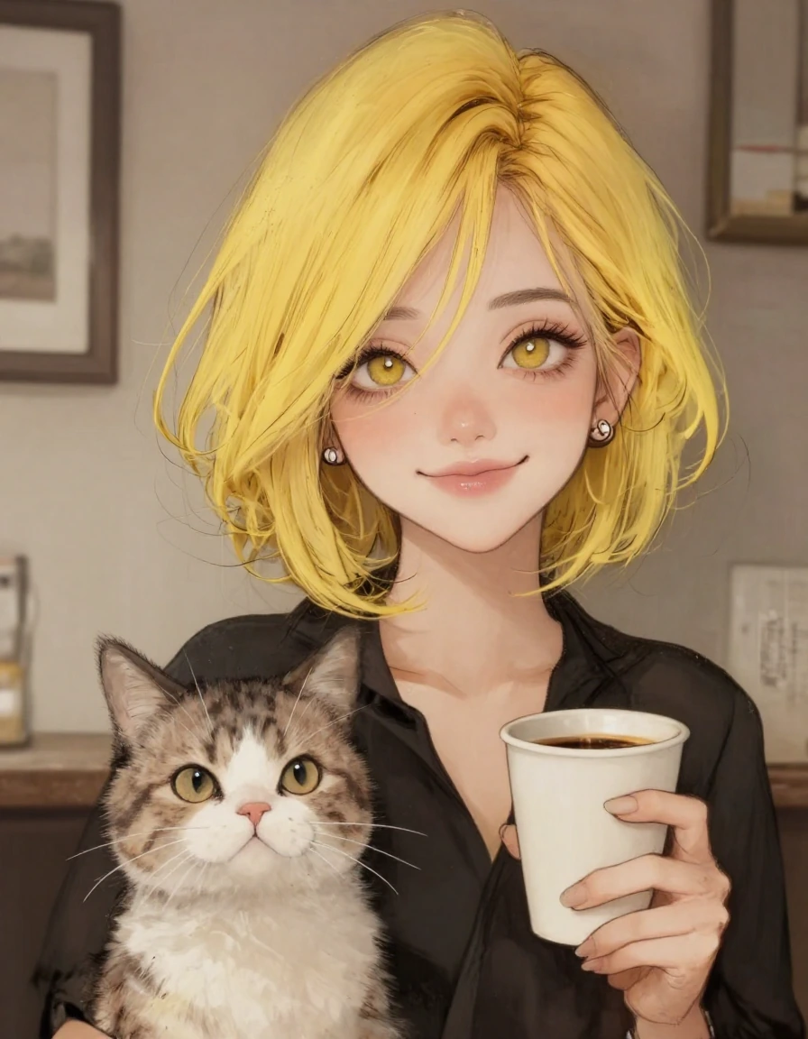 elegantpunk style, beautiful smiling woman with vibrant yellow tan ombre Bob cut hair, accompanied by a cat and coffee, highly realistic, high stylization, daz3d manga