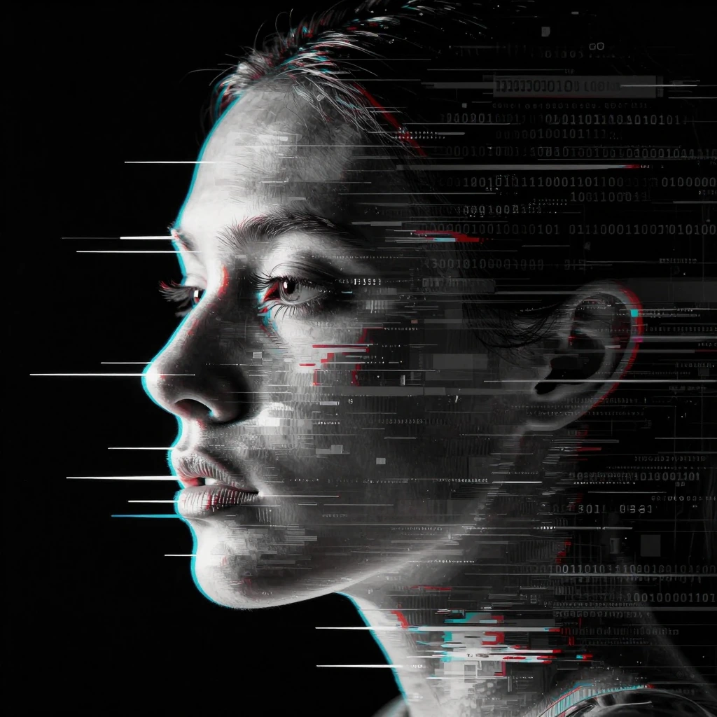 A Glitch Art Binary Noise illustration of a human face in profile, where digital distortions and pixelations create a static-like effect. Feature a monochromatic color scheme with accents of crimson and turquoise to emphasize the glitch aesthetic