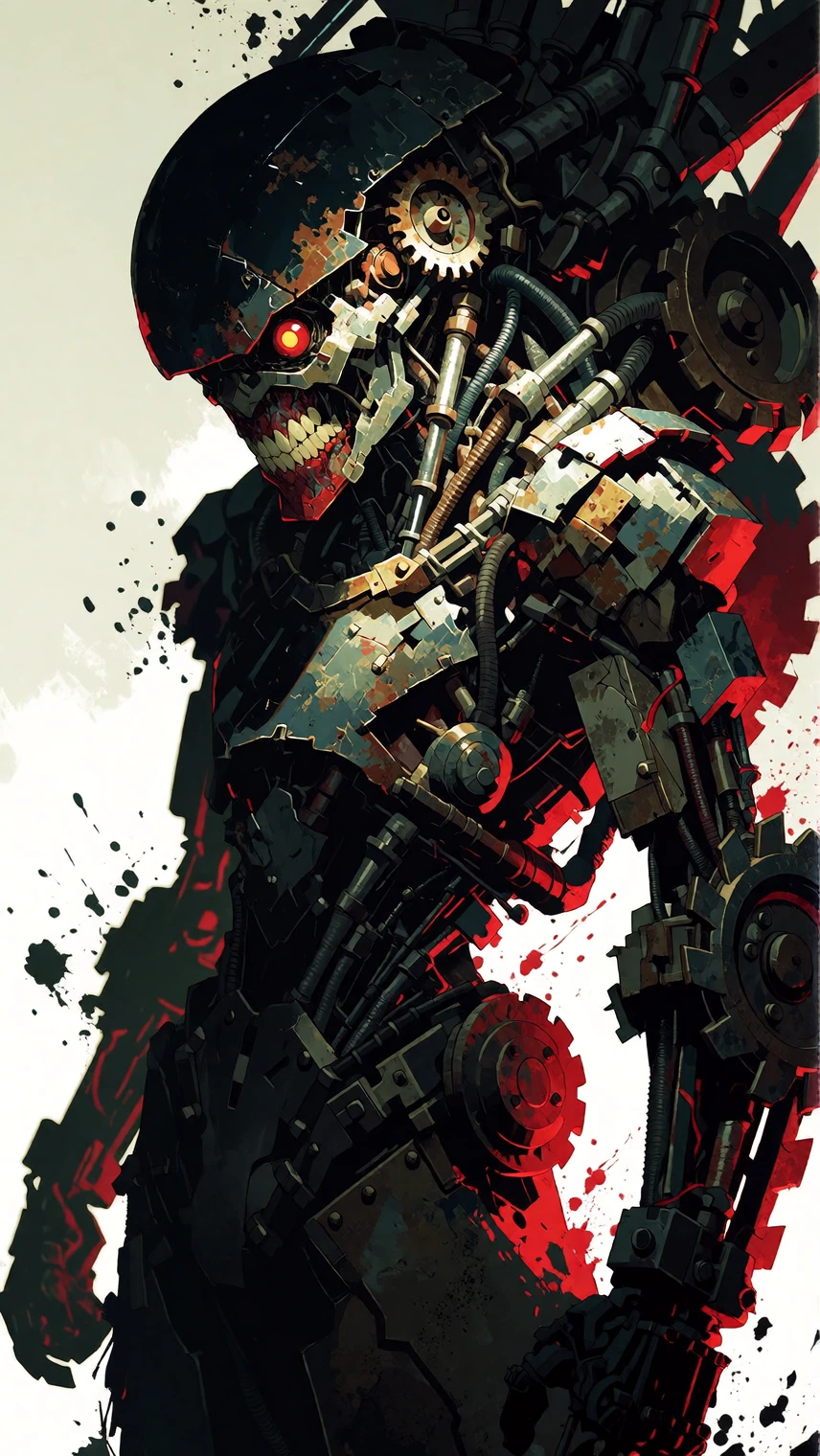 Highly detailed, hyperrealistic digital illustration of a grotesque, biomechanical entity, vertical composition. The subject is a towering, monstrous 