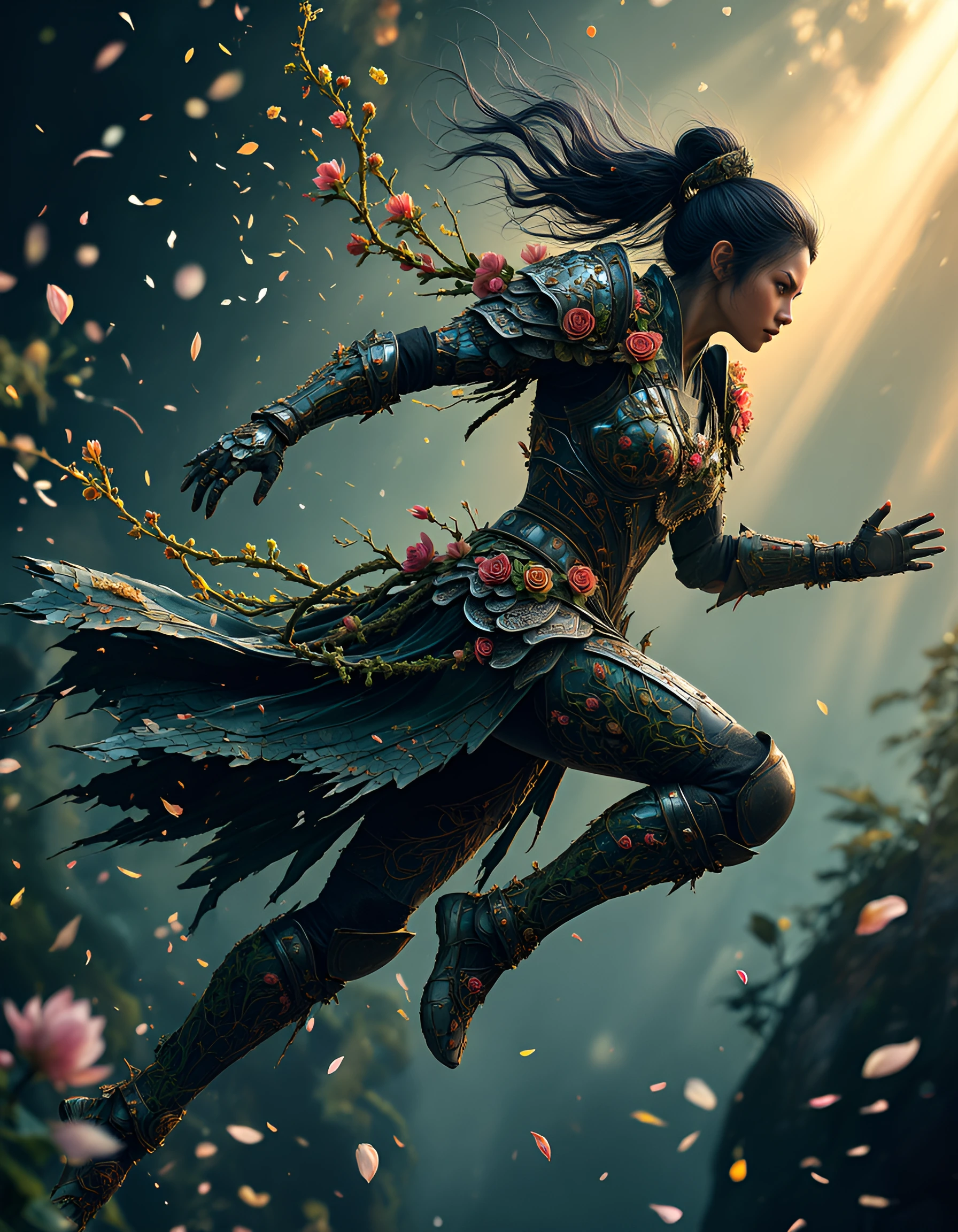 A visually striking fantasy portrait of a blooming warrior in motion, captured mid-stride as if surging through wind and petals after breaking free fr