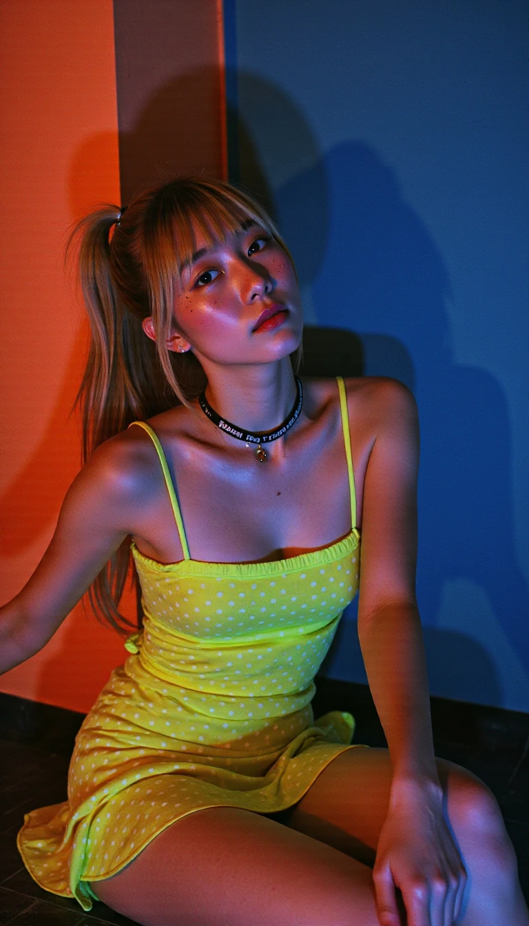 complementary colors, 1girl, woman, egirl, leaning back while sitting against wall,, blush, dynamic view, face focus, diagonal framing, absurdres, bla