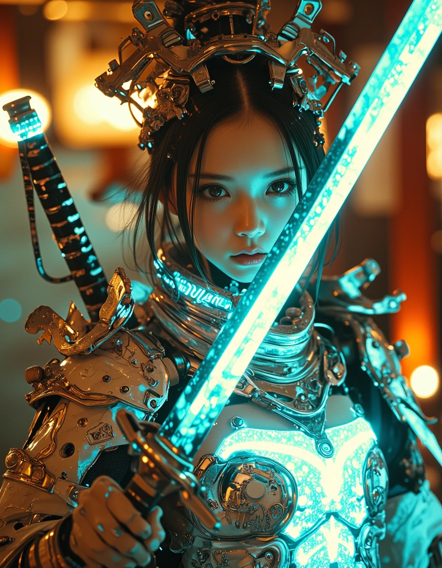 A majestic cybernetic samurai in a refined cyberpunk style. Ethereal female figure with marble-smooth skin accentuated by high tech cybernetic armor featuring glowing blue neural circuits and binary veins, massive katana made of intricate holographic