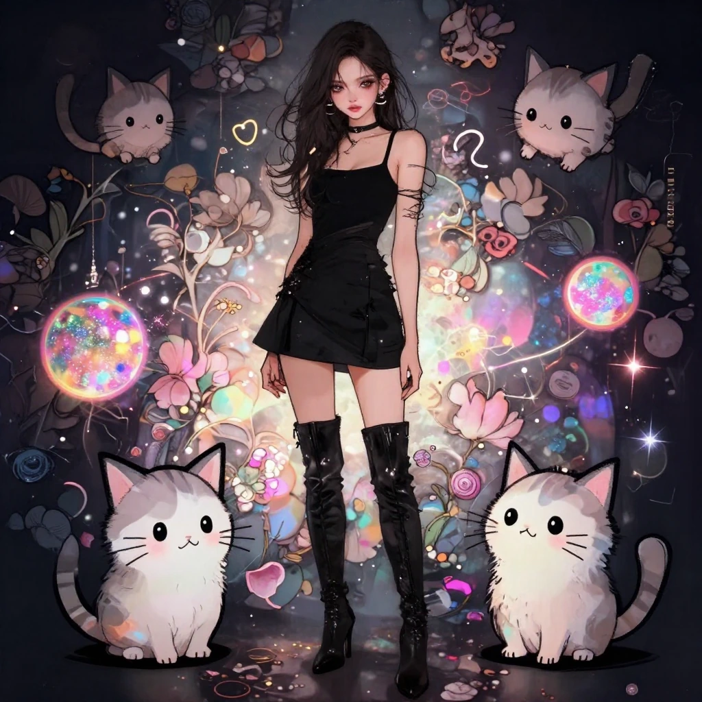 Beautiful woman model in a black mini skirt and tall boots, Elegant Floralpunk background, kittens, 3d manga