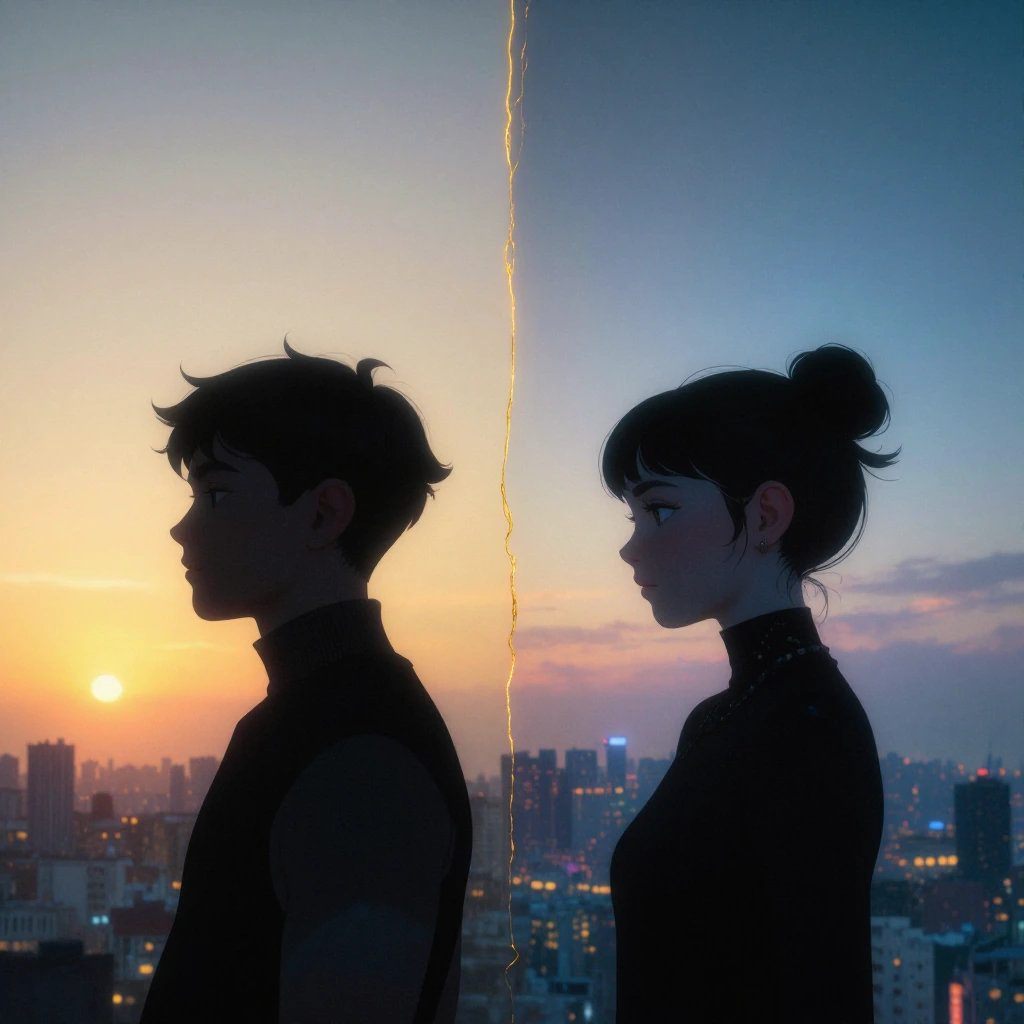 two figures in anime style, one silhouetted against a warm golden sunset on their side of the world,…