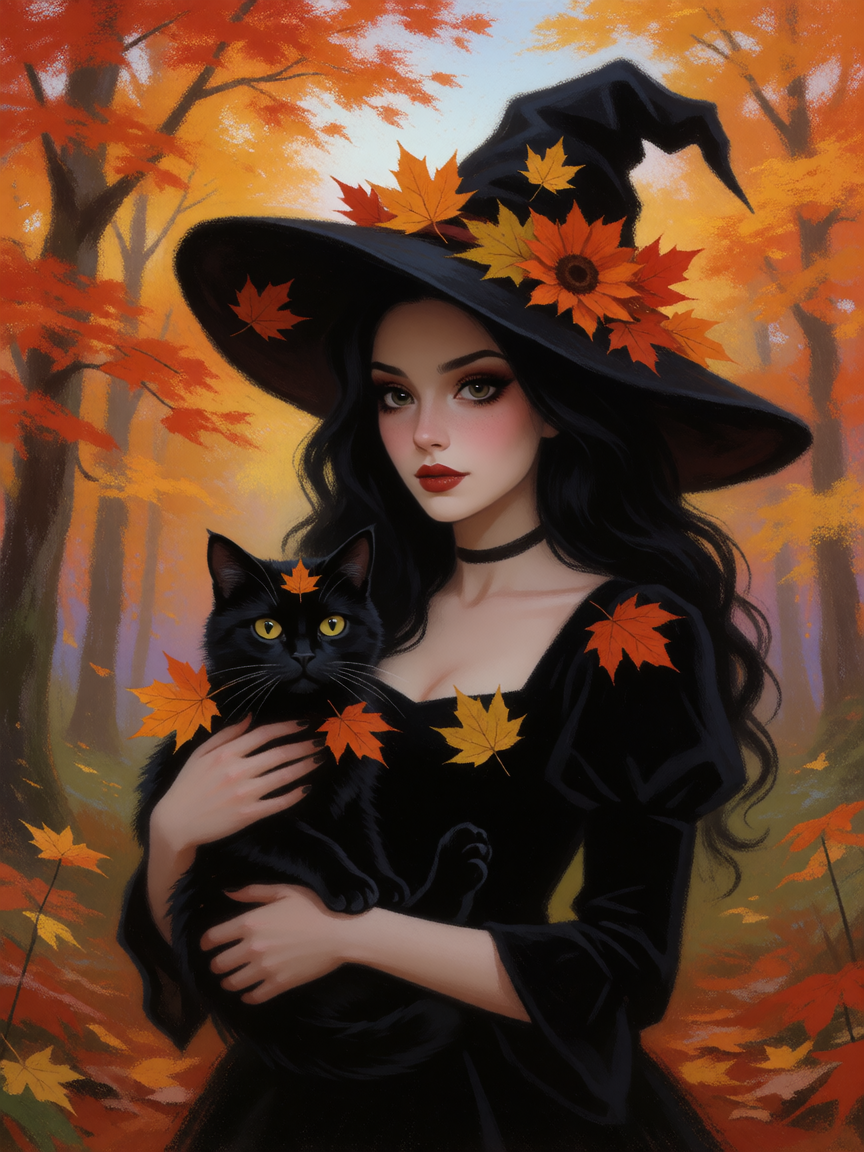 Beautiful goth Autumn forest witch with her autumn themed cat, colorful background,pastel painting