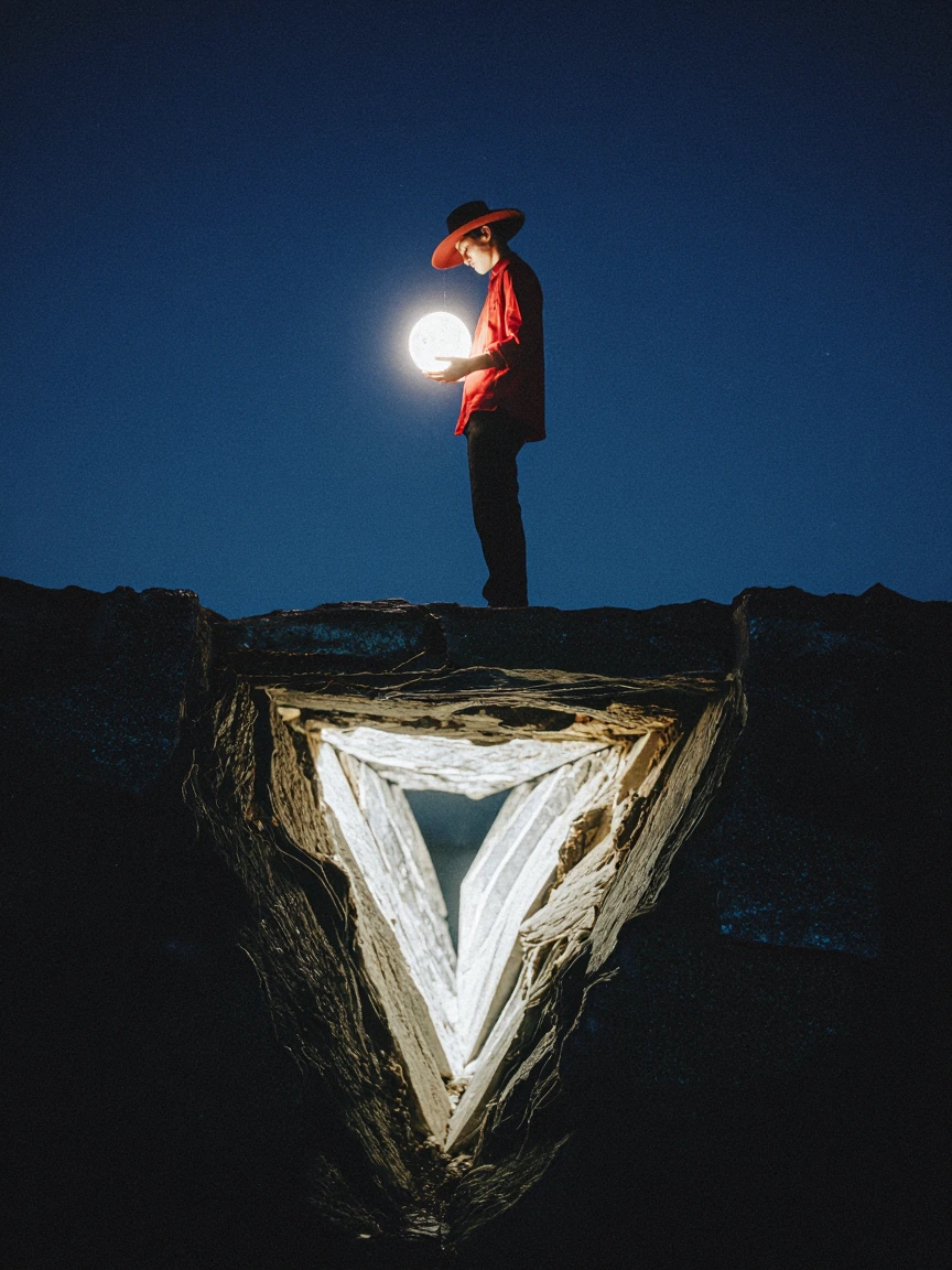Man in red shirt and wide-brimmed hat standing on surreal platform at night, holding glowing orb of light at waist, starry deep blue sky, dramatic chi