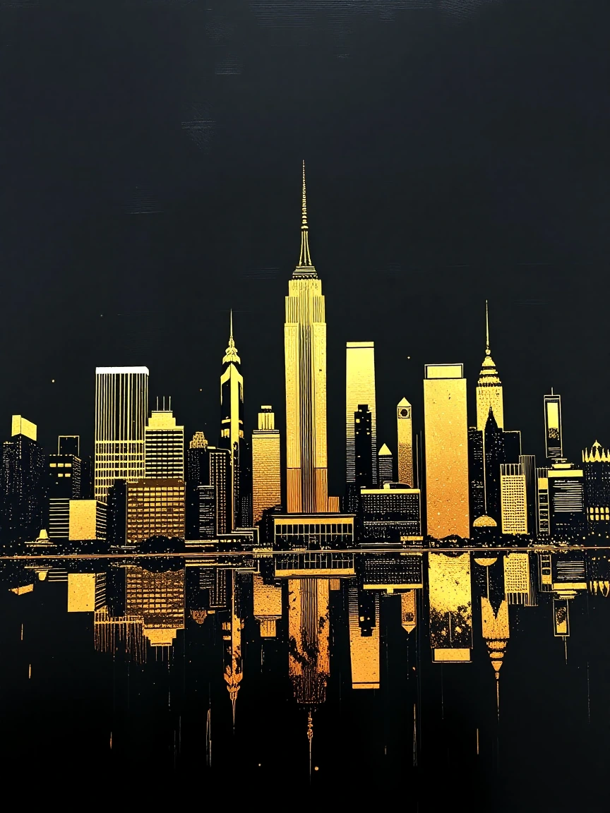 A luxury gold glowing city skyline on a pitch black canvas, dramatic metallic reflections, sharp gold leaf lines, flat design, illustration style, masterpiece, solid black background, no water, no sky, no clouds.