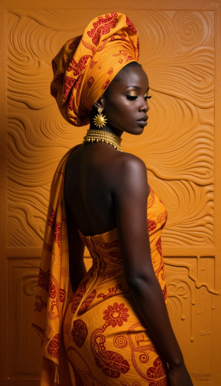 A high-definition professional portrait photograph, taken in a studio, depicting a Black woman with very dark skin, captured in a striking three-quart