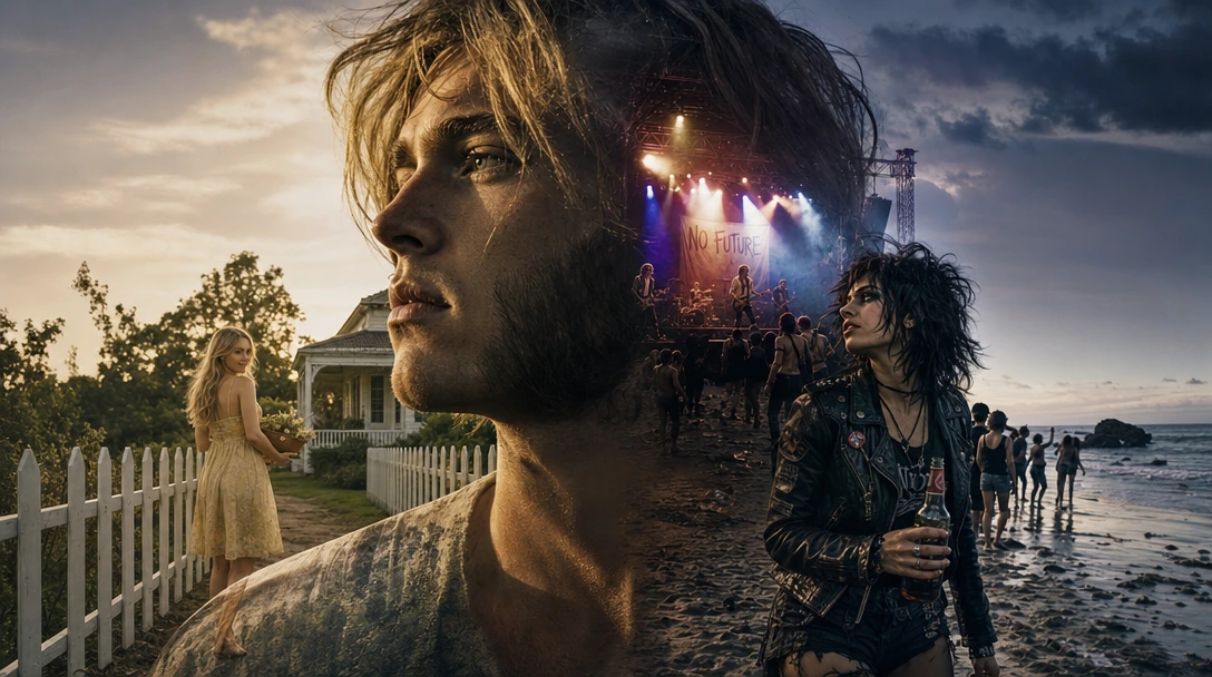Double Exposure image of the road not taken; The woman at the Rock show or the white picket fence. Two layers summarising a young blonde man with long side burns life where he had a choice between working hard and marrying the good woman or partying
