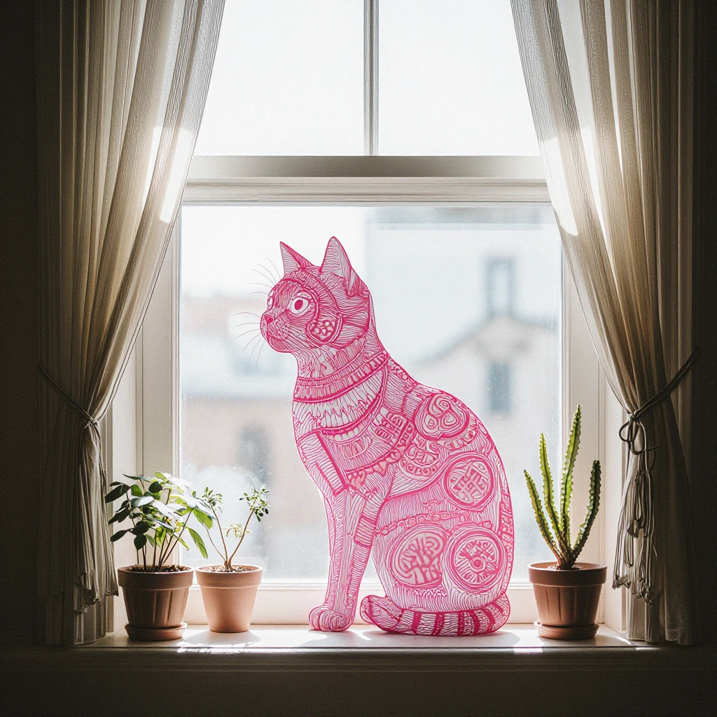 A pink cat silhouette filled with intricate illustration details, perched on a windowsill with ink-outlined curtains and potted plants, morning light streaming through.