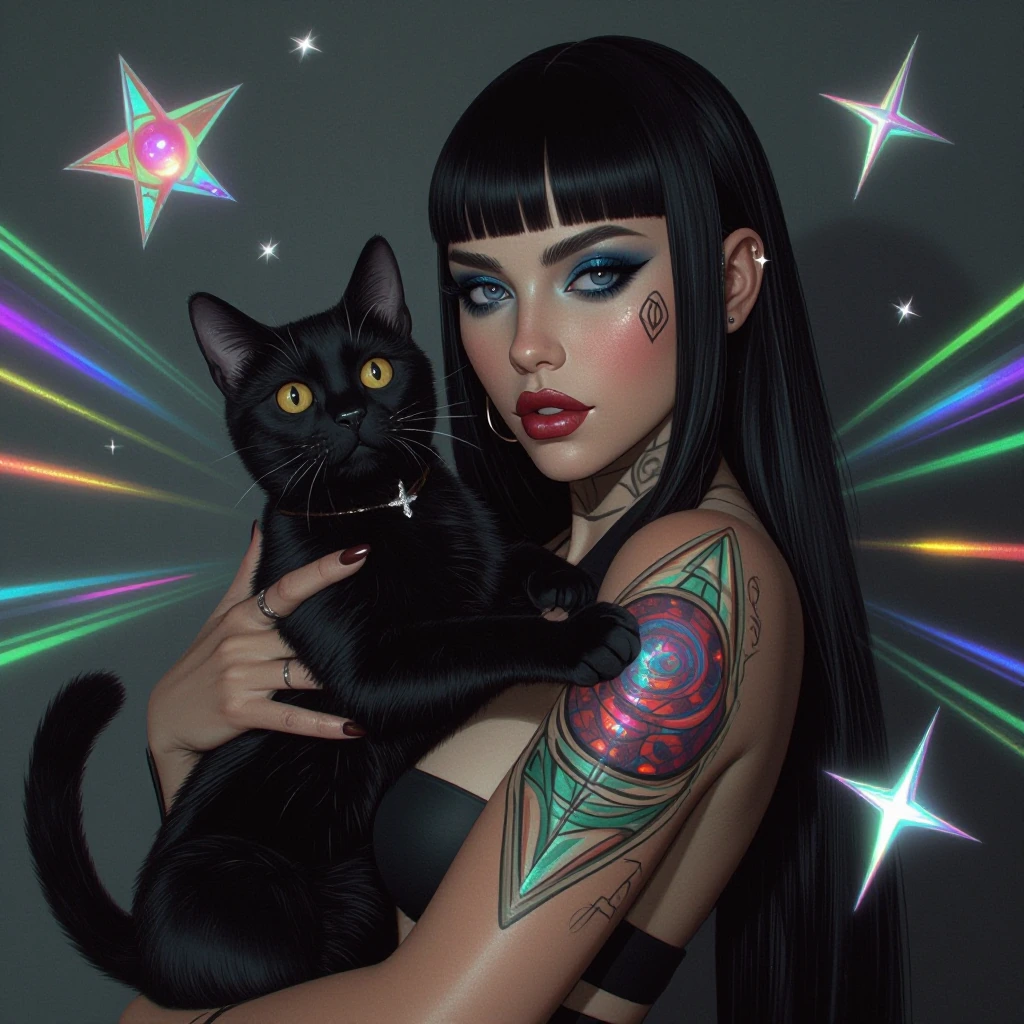 A woman with bold makeup and geometric galaxy designs painted on her skin stands with a sleek black cat, surrounded by holographic stars, floating pla