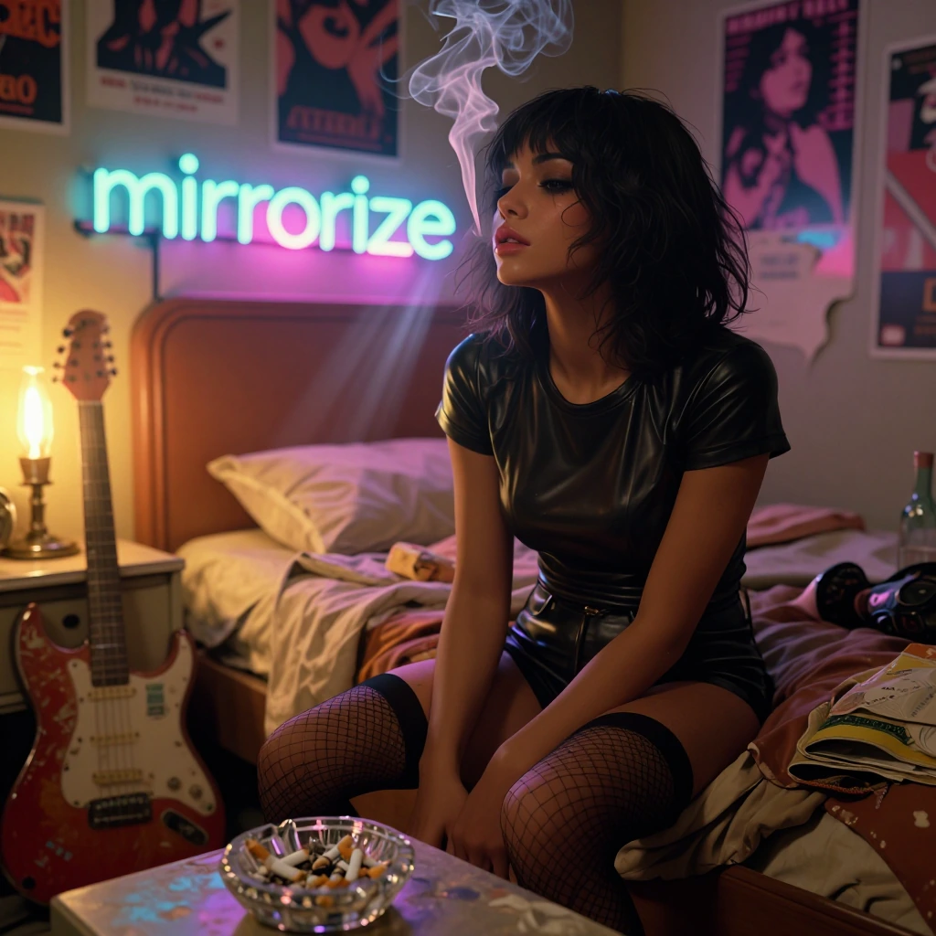 Medium close-up shot, woman in black leather t-shirt and black fishnets, sitting on worn vintage bed, shallow depth of field, anamorphic lens flares bleeding across frame, volumetric cigarette smoke drifting through warm amber and cool neon light, ne