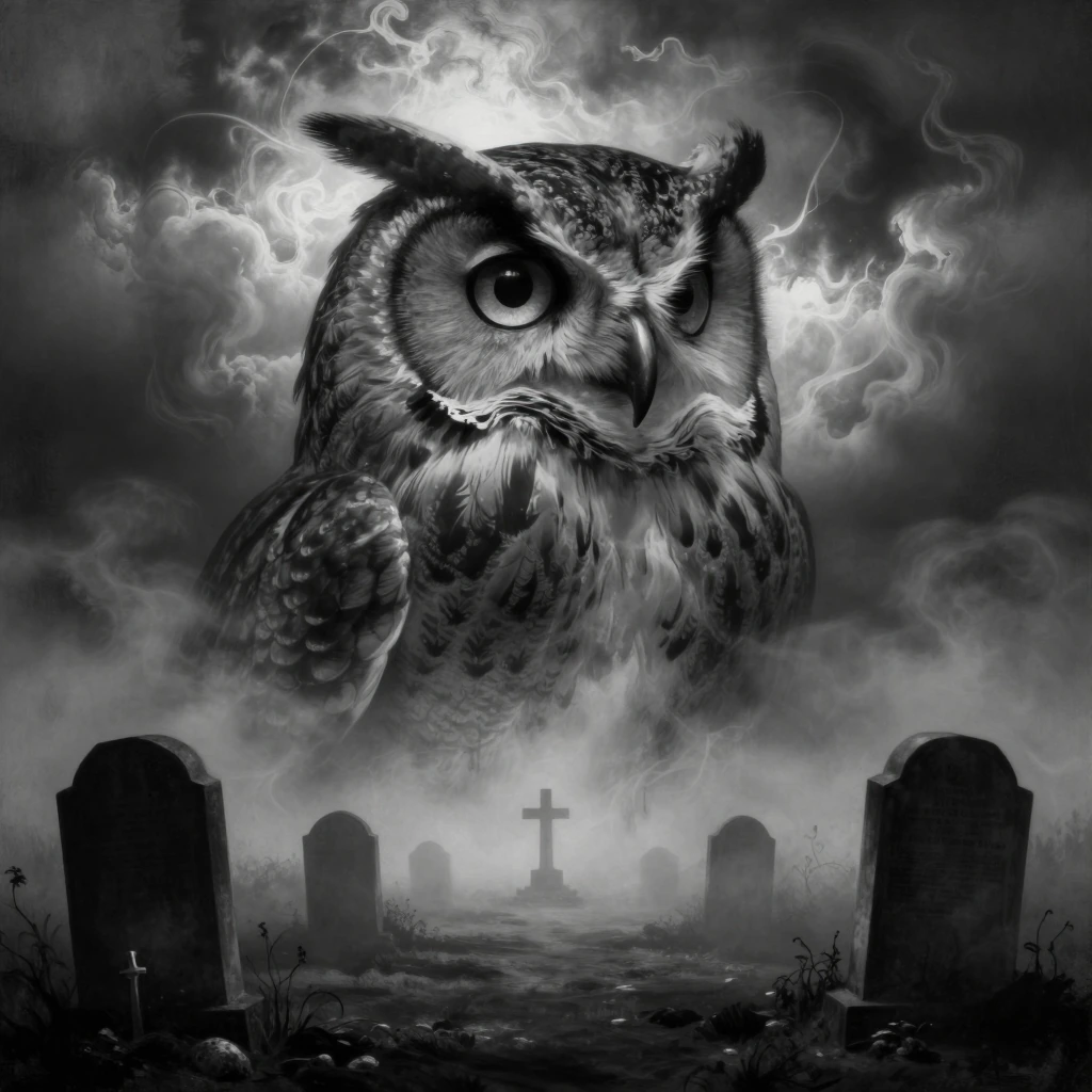 A haunting black-and-white composition merges a fierce owl's piercing eye with a desolate graveyard. The crow's head dominates the upper portion, its penetrating gaze and intricately detailed feathers commanding attention. Dramatic storm clouds roil