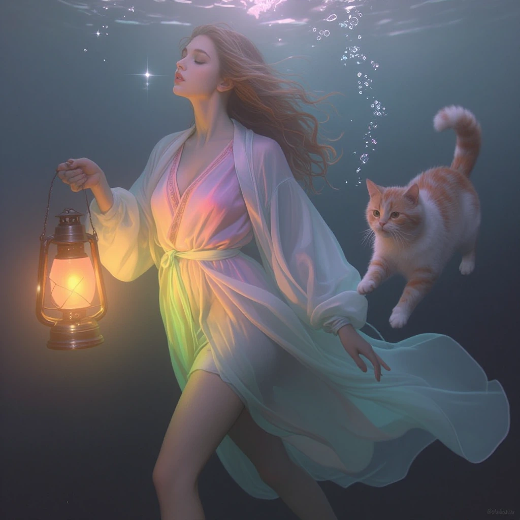 Dreamlike underwater-quality image of a woman with ethereal features in pastel robes mist-walking through fog, her lantern glowing with soft rainbow hues, a fluffy ginger cat suspended gracefully beside her amidst floating crystalline sparkles.