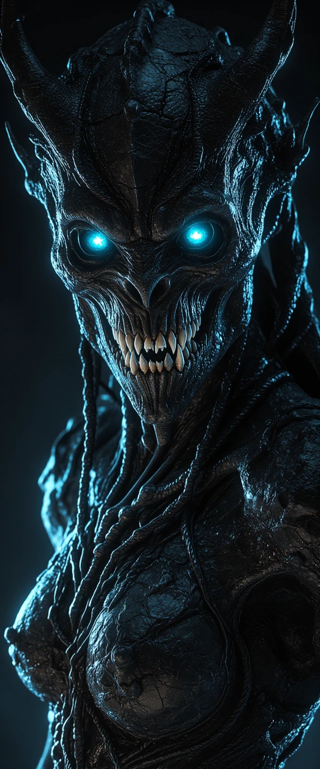 The primeval Arch-Demon's obsidian skin is cracked and glistening like wet volcanic rock, tightly pulled over a gaunt skull structure. Its hollow, lightless eyes are an absolute void, reflecting ancient, burning awareness, fixed directly on the viewe