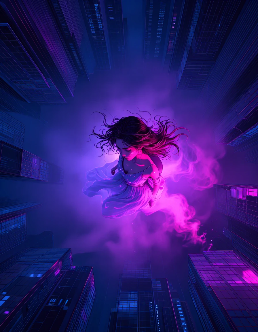 # Neon Reverie A contemplative figure emerges from swirling magenta mist, her dark hair cascading in waves past bare shoulders. Neon pink light bathes her porcelain skin, creating ethereal shadows across delicate features. She wears a flowing lavende