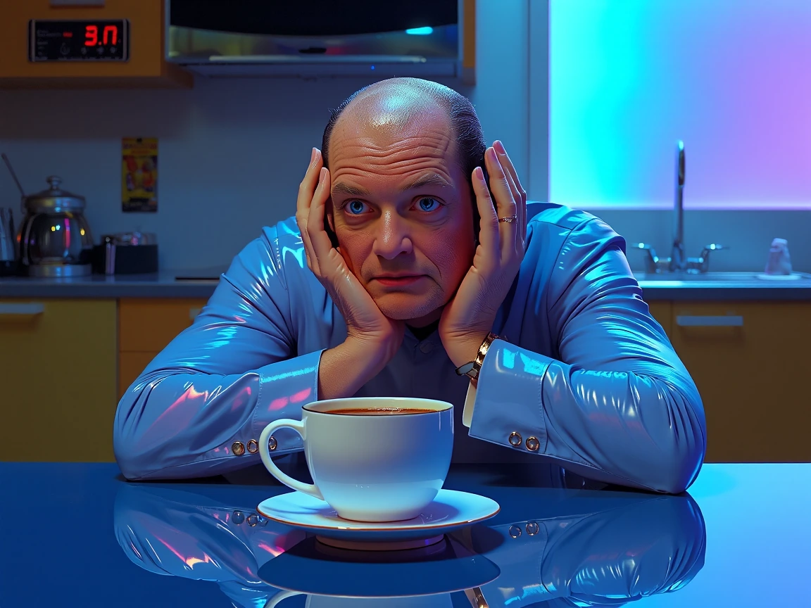 A man, deformed face, head resting on his hands, sitting at the kitchen table, hot steaming cup of coffee in front of him on the table, uninspired exp