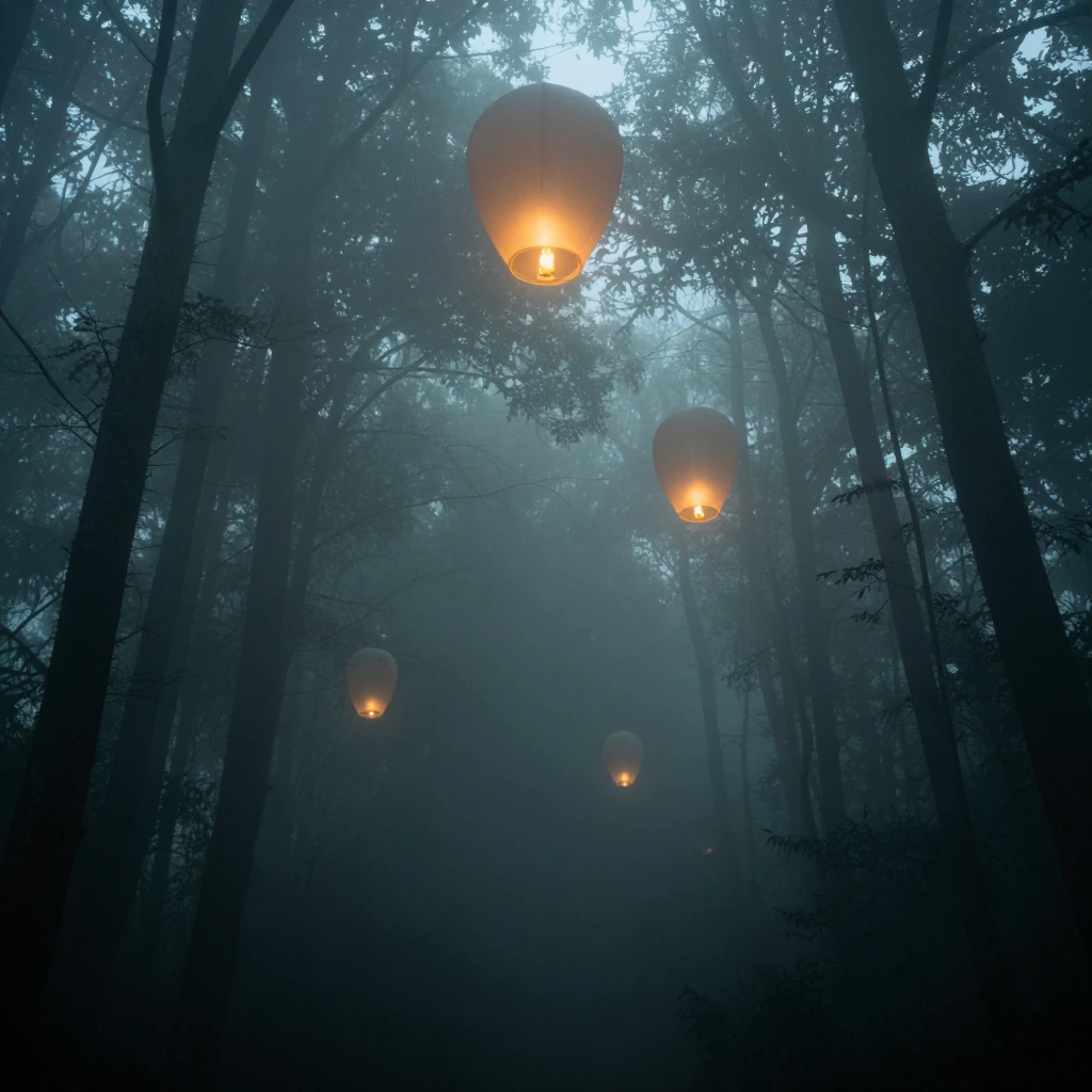 atmospheric dreamscape with floating lanterns in misty forest, moody tones