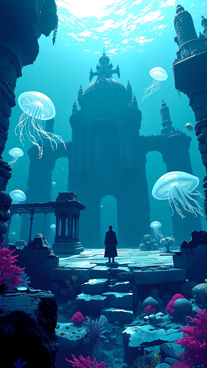 Underwater ruins bathed in volumetric god rays from the surface above—a lone figure in silhouette stands on fractured stone, dwarfed by bioluminescent coral towers spiraling upward into darkness, jellyfish-like leviathans drift like living constellat
