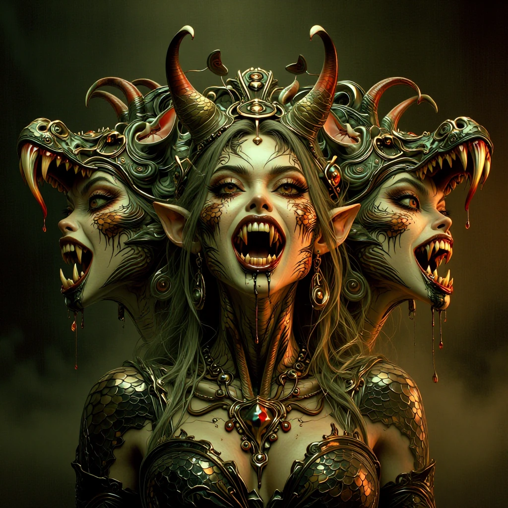 A hydra with three heads but each head is a beautiful but sinister woman from the waist up with elongated vampire fangs dripping venom.