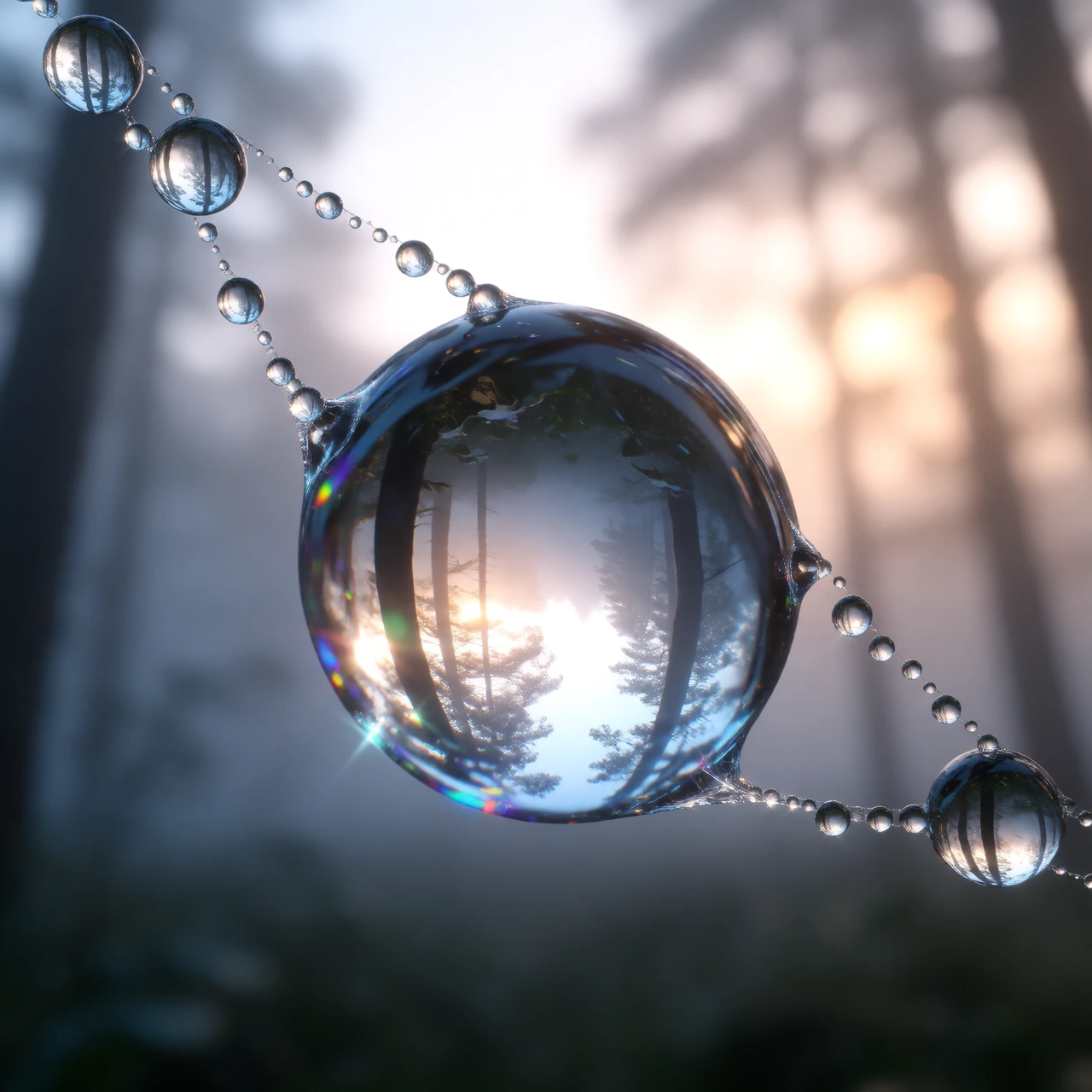 Extreme macro photograph of a single dewdrop hanging on a spiderweb at dawn, an entire misty forest reflected upside-down and sharp inside the droplet, everything else melting into soft bokeh. Backlit, iridescent, razor-thin depth of field.